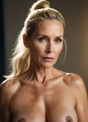 금발의 머리와 반나절 몸을 가진 45 세 여성은 그녀의 컴퓨터의 앞에 앉아 섹시한 복장에서 자신을 그림으로 보는. 그녀는 매우 섹시하고 그녀의 얼굴에 부드러운 번개 모습이 있었다