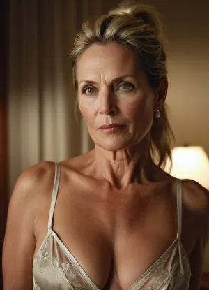 Un milf en un vestido de chemise con cuerpo semidesnudado y mirada madura, mirando al espectador con una mirada suave que la hizo querer ser mirada y apreciada