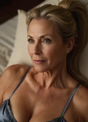 ((1 woman), (mature:1.2), milf, gilf, blonde, (mature 45 year old woman), very realistic, ponytail, (facial wrinkles:1), chemise, semi naked, soft lightning, looking at viewer, smirking, (((view from above:1))))