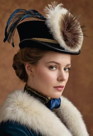 A jovem mulher na imagem está vestida com uma roupa regal, feita do couro mais fino, guarnecido com penas de luz elegantes. Seu chapéu é adornado com penas de luz elegantes e um chapéu de veludo, que são detalhes na moda das mulheres