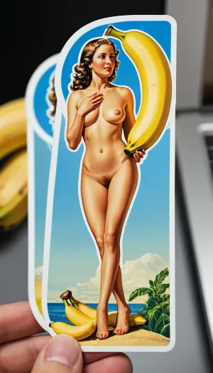 La pegatina de banano Chiquita es una pegatina fotorrealista de alta resolución con una mujer chiquita desnuda en la pegatina. Tiene una resolución de 8K y es ultra alta definición, HDR y score_9