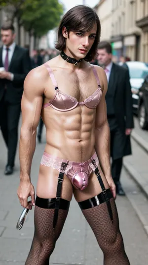 El hombre en los tacones altos rosados y la jaula de castidad de metal era una vista para contemplar, pero no podía evitar sentirse excitado por la atención que estaba recibiendo de la multitud. La jaula de castidad de metal le hizo sentir como un verdadero