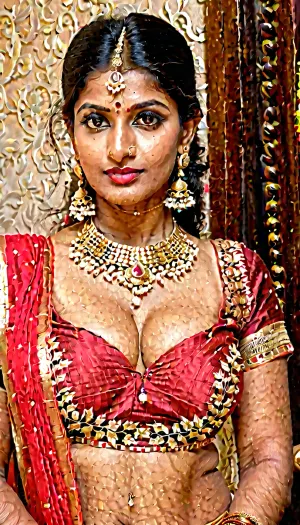 Un bel milf indiano con un naso lungo, scollatura profonda, e tette perfette indossando una sarea rossa in piedi davanti a una fotocamera. Indossa gioielli d'oro e ha un colore della pelle molto realistico. La sua scissione è visibile e l'ombelico è