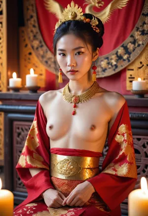 Профессиональный фотограф запечатлел молодую миниатюрную, японскую, китайскую и корейскую женщину на ритуальном алтаре в разорванной яркой шифоновой юбке с открытыми рукавами. Она носит тканую золотую вышивку и ожерелье из булавок для волос. На снимке изображены ее маленькие груди,