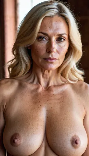 一个50多岁的女性,带着8k超详细AI生成的色情片被显示有完整的高照,直发,方额,直鼻,脸颊上的雀斑和棕色眼睛. 她的大胸是真实的