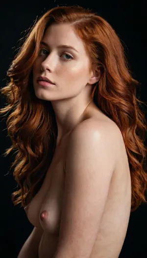 The image is a portrait of a young woman with long, wavy red hair. She is standing in front of a black background, with her body slightly turned to the side. Her head is tilted slightly to the left, and her hand is resting on her chin, as if she is deep in thought. The woman is completely naked, with only her breasts visible. Her hair is styled in loose waves, cascading down her back. The lighting is soft and dramatic, highlighting the woman's features. The overall mood of the image is sensual and intimate.