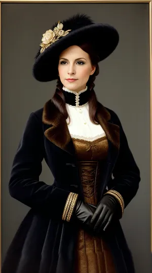 图片中的年轻女子戴着戴羽毛的帽子,手套是1880年代最新时尚制作的,还有毛绒. 她的服装优雅时尚 描绘了1880年代的女装