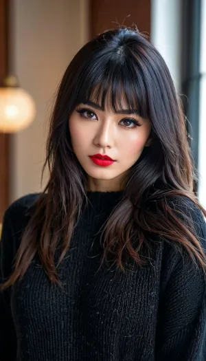 일본의 여성은 나 전에 서, 그녀의 완벽한 눈은 내에 출연. 그녀의 긴 검정 머리 cascaded 아래로 그녀의 백, framing 그녀의 아름다운 얼굴. 그녀 wore 두꺼운 양모 스웨터 hugged 그녀의 곡선 완벽하게, 그녀의 voluptuous breasts 과