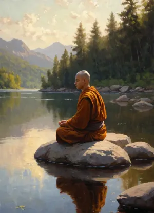 Монах сидел на вершине большой скалы, глаза его закрывались в глубокой медитации. Его безмятежное и гармоничное произведение искусства было идеальной композицией, видимыми мазками кисти и техникой импасто, создавая шедевр, который был отражен озером, которое было перед ним