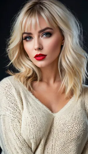 Die französische Frau ohne Schamhaar trug einen sexy roten Pullover und schwarzen Lidschatten und hielt ihre langen gefälschten Wimpern in ihrer Hand. Sie hatte schwülen Ausdruck und Platin blonde Haare im Pony Stil mit schwerem Eyeliner und schwarz