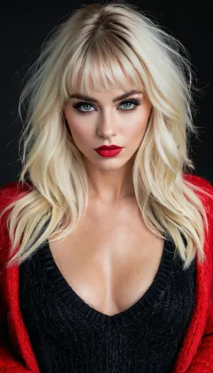 The French woman with no pubic hair was wearing a sexy red sweater and black jeans, with sultry expression, fashion makeup, and long fake eyelashes. She had full lips with winged liner and heavy eyeliner, long fake eyelashes,