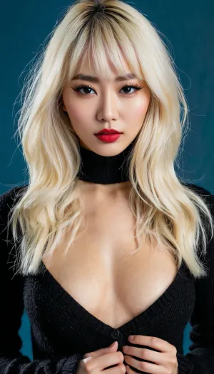 La donna coreana senza capelli pubici e eyeliner alato si trovava davanti allo specchio ammirando la sua perfetta carnagione, indossando un maglione nero di lana denso che mostra scollatura, e indossava occhiali pesanti e ombretti neri. #