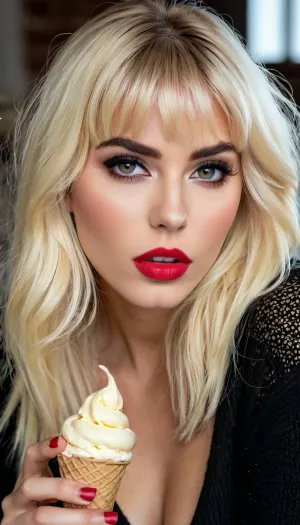 Die schwüle französische Frau trug einen sexy schwarzen Pullover ohne Schamhaar, der ihre perfekten Brüste enthüllt. Sie hatte lange, schattige Platin blonde Haare, die in einem chaotischen Bunker und schwerem Eyeliner und schwarzem Lidschatten