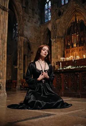 Una giovane ragazza hippie cristiana, vestita in una veste bianca fluente, inginocchiata sull'altare della cattedrale gotica. Aveva uno sguardo sognante nei suoi occhi mentre guardava la grande foto di Gesù Cristo che appese sopra