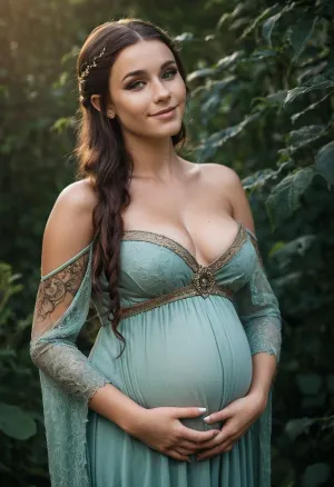 elven Woman, elf, 18 years old, white skin, tanned, makeup, freckles, lusty smile, brunette hair, long hair, big breasts, gothic dress, pregnant, tattoo on shoulder, full body view