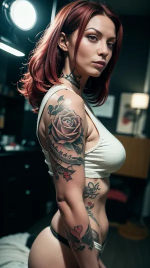 La giovane ragazza-guerritrice adulta in piena crescita, con i suoi capelli rossi e Nymphomaniac body art, è stata catturata in un design mozzafiato tatuaggio dalla bellezza professionale. La sua foto soft focus ha riportato i ricordi della sua infanzia. Aveva una