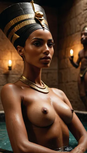 高解像超現実的エジプトクイーンネフェティスタイルの写真現実的なイメージは、彼女の男性のスレーブと風呂を取る、お湯で入浴