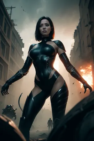 O filme de ficção científica "Alita: Battle Angel" apresenta uma imagem de capa de arte digital de alta qualidade, em grande escala do protagonista, Alita. A imagem é incrivelmente detalhada e mostra sua postura épica com sua arte-chave no fundo