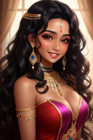 The young Arab woman with dark skin and voluminous wavy black hair, wearing a colorful exotic dress, smiling playfully, wearing lots of jewelry, upper body portrait