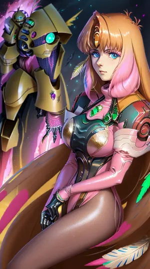 The AI generated picture shows a young girl with light russet hair, blue eyes, and a slim build. She is wearing a gold and pink crisis mech suit with metal feathers. Her breasts are large and her waist is narrow. She has wide hips