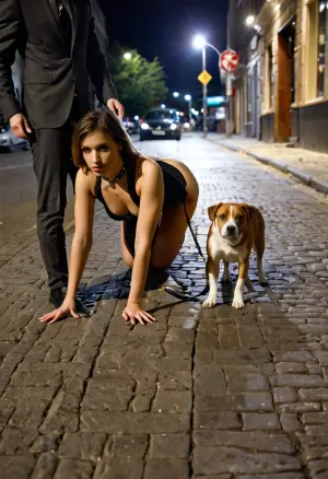 女孩四步走在市街上 她的绳子系在脖子上的项圈上 她脖子上戴着一条狗领 一个穿好衣服的男人用绳子在她身边