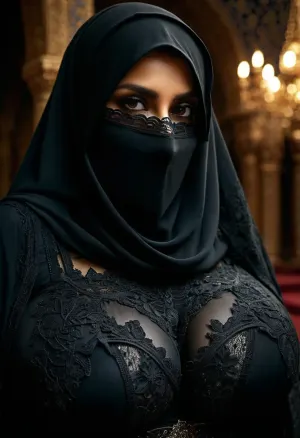 Eine Frau in einer schwarzen Burqa bedeckte ihr Gesicht mit ihren Händen, als sie vor ihrem Computer saß. Sie schuf ein AI-generiertes Bild von sich, das einen massiven BH und kurzen Rock trug, aber das Bild war zu dunkel und stimmungsvoll für
