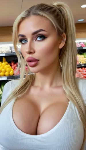 La fille se tenait dans le supermarché, les yeux fixés sur un paquet de nourriture produite par l'IA. Elle portait un tank blanc et une chemise à manches longues avec un jean bleu. Son visage était net et défini, avec des yeux bleus brillants qui semblaient briller