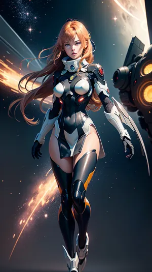 A stunning Sci-fi girl in a sexy revealing streamlined costume with a blue light background, long wavy hair, full body view, and exo costume reveal. She has Russian blue eyes and wears a skirtlift that reveals her pantyhos
