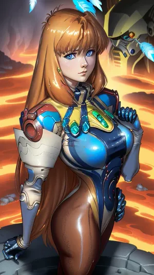 A young girl with a slim build and blue eyes, wearing a gold and blue japanese crisis mech suit with metal feathers, was standing in the lava pit. She had large eyes, wide hips, and a light russet hair. Her breasts were