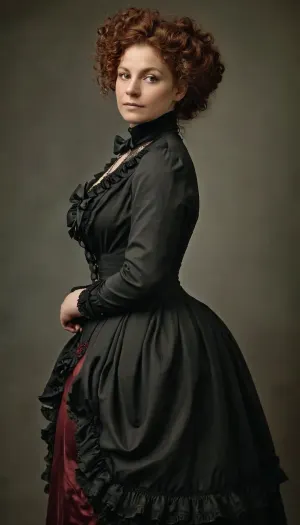In the portrait, a Russian woman is wearing a TanRealStockings outfit with a big bow on the front and facing front. She has a Victorian style and is wearing gray stockings