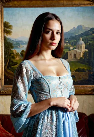 beautiful renaissance Florentine woman reminding of the model in Da Vinci's "Mona Lisa", posing in a similar landscape as in the painting "Mona Lisa" by Da Vinci, the year 1503, picturesque ligting