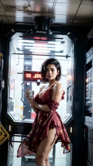 Pakistani hot Woman ♀️ in red sexy mini floral dress, Image of, (nude, woman, pixie cut), long black wet hair, . light-up console, big space station, open space view, (((masterpiece))), highly-detailed body, hi-resolution, ultra-realistic, best quality, best lighting, young adult, no make-up, huge breasts, no muscle tone, clone marking on machine, <lora:flat_chest_v2:.5>, <lora:Nebulae:.5>, <lora:Environment - StarWars:.5>, clone-tube, <lora:clone-tube-v1-000008:.5>, 5unny, <lora:sl_lora:.5>