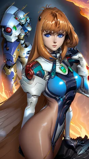 The AI, with its blue eyes and light russet hair, was in a lava pit. It had a slim build and wore a gold and blue crisis mech suit with metal feathers. Its large breasts were on display as it looked at the viewer with