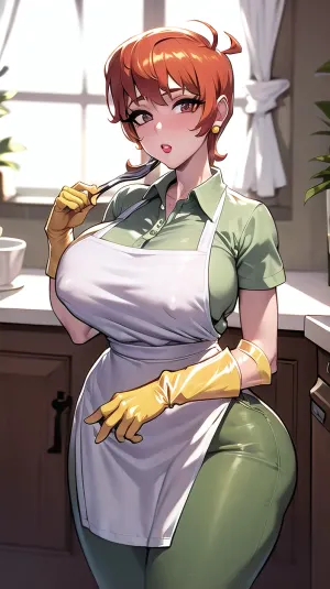 照片上那个女孩的大乳房是目光。 她穿着围裙和手套,她的化妆品没有瑕疵. 她的眼睛和衣服完全吻合 她脸上有自信的微笑