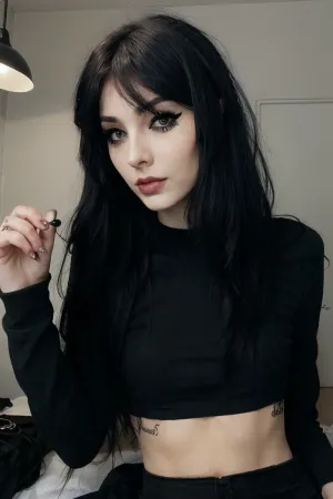 Best picture quality, profesional, iphone 15, Detailed face. Perfect face, perfect hands, fixhand, masterpiece, skinny e girl, russian girl, beautiful face, round breasts, long hair, black hair with grey stripes, tight black top, long sleeves, white panties, dark room with ambient lights, (((lying on stomach))), view from side, looking back messy hair, eyeliner, emo, makeup, goth, <lora:scene:.5>, <lora:restfeetup55_rvkwi:.5>