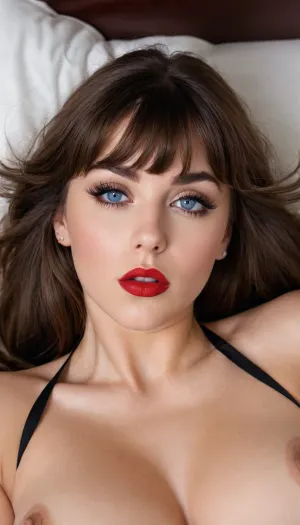 25岁 法国女孩的自然大乳房,细皮,以及长褐色头发与大爆炸一起被描绘在一张带有红色嘴唇的妓女的色情图片中. 她有蓝眼睛 半闭和她的嘴