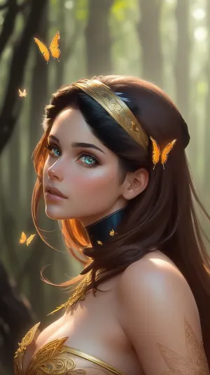 Ein atemberaubendes 8k-Porträt eines schönen Cyborg mit goldenem Schmetterling filigran, Waldhintergrund und gebrochenem Glas wurde durch AI-Technologie mit Artgerm und ruan jia majestätische digitale Fotografie erzeugt