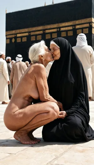 Two extremely old, wrinkly grannies are sitting in front of Mecca, licking each other's vaginas. They are wearing burka and a black square building is visible behind them. The crowd is mostly men, but there are some
