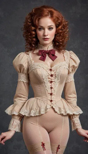 TanRealमोज़ा, एक रूसी महिला के साथ एक फूहड़ बॉब हेयरकट, एक पूर्ण शरीर दृश्य चित्र के सामने एक झालरदार ग्रे पृष्ठभूमि और उसके सिर पर बड़ा धनुष के साथ प्रस्तुत है