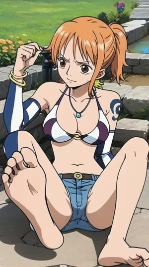 Nami, eine schöne und talentierte Künstlerin, saß in ihrem Studio mit ihren Füßen auf dem Tisch. Sie trug ein Neckholder-Oberteil, das ihre getönten Arme und Abspaltung auslöste. Ihre kurzen Shorts waren nur lang genug, um ihren Arsch zu bedecken