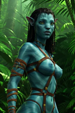 穿着丛林服装的女孩很诱人,带着笑脸和淘气的眼睛. 她有一把带子,这让她看起来更有诱惑力。 她的蓝色皮肤看起来很柔软,邀请, 她拿着一张照片