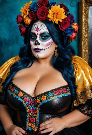 La belleza mexicana con muslos y pechos de gran tamaño en traje y maquillaje para Dia de Muertos, decollete. Piel aceitada. De color brillante y rico. Super clara, altamente detallada acuarela, esmalte