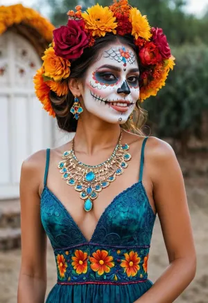 A beleza mexicana em seu traje e maquiagem para Dia de Muertos, o decote de sua cor brilhante, rica. Super clara, aguarela altamente detalhada com técnica de esmalte e pele oleada. Vestido Maxi com filigree de