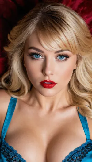 portrait, beautiful California girl, 25 yo, natural large tits, detailed skin, detailed face, shaggy long blonde hair with bangs, blue eyes, injected lips, bimbo lips, ((laying on back)), red lipstick, perfect eyes, winged eyeliner, heavy eyeliner and black eyeshadow, extra long fake eyelashes, orgasming face, open mouth, eyes half closed