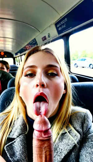 素晴らしいブロンドの少女は、AIが生成した公共バスに乗ると巨大なコックに吸い込まれています