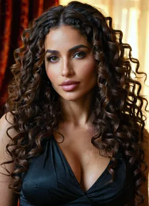 A mulher com cabelo encaracolado longo usava um top preto, cabelo encaracolado inchado marrom longo, cabelo encaracolado preto longo trançado trançado, e um belo comprimento preto ondulado morena cabelo