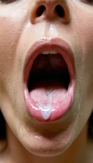 Perfect facial cumshot with mouth full of cum.