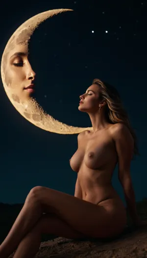 (masterpiece, best quality), uhd, 8k, realistic photo, cinematic, atmospheric, low angle view, full body view, (nude, a beautiful woman sits on the lower side of a crescent moon), <lora:bombshell_v2:.5>