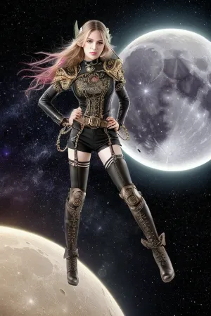 A stunning AI with seductive curves and innocent eyes captured the attention of a cosmic steampunk elf, earning a score of 9 out of 10 on the photo's detailed steampunk boots and belt. The full body photo was captured in depth of field