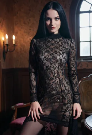The goth girl in the picture had a smooth, creamy complexion and an intense look in her eyes. She was wearing a transparent lace dress that revealed her smooth pussy and intricately woven lace underwear. Her long, dark hair cascaded down her